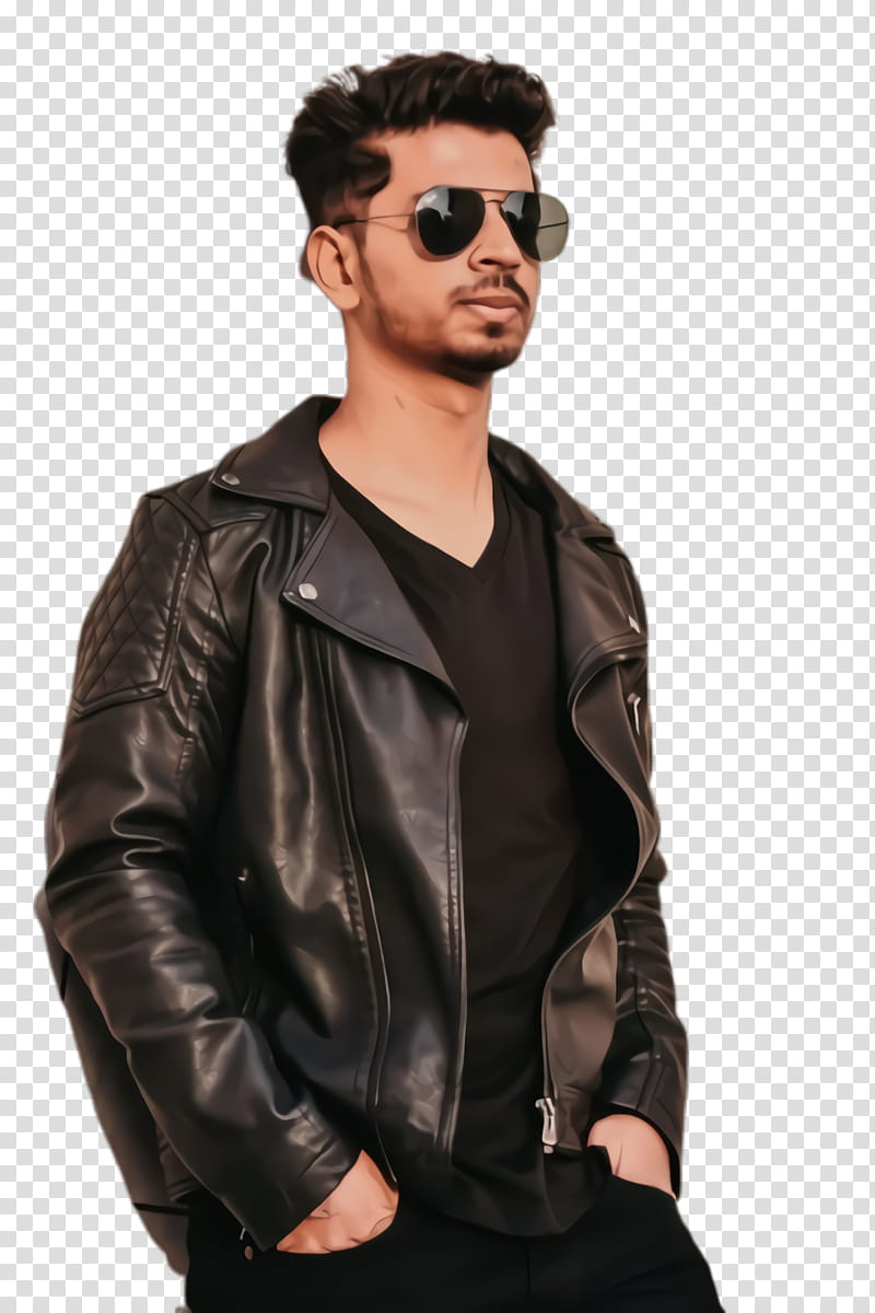 Stylish young man in black leather jacket, aviator sunglasses, and V-neck tee, hands in pockets, confident pose.