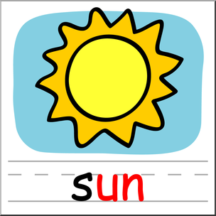 Bright yellow cartoon sun with jagged rays on light blue background, labeled "sun" for early literacy.