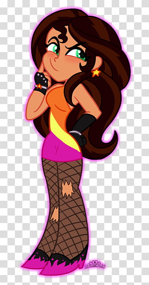 Animated female character with long brown hair, green eyes, orange top, pink skirt, fishnet stockings, and star earring, posing playfully.