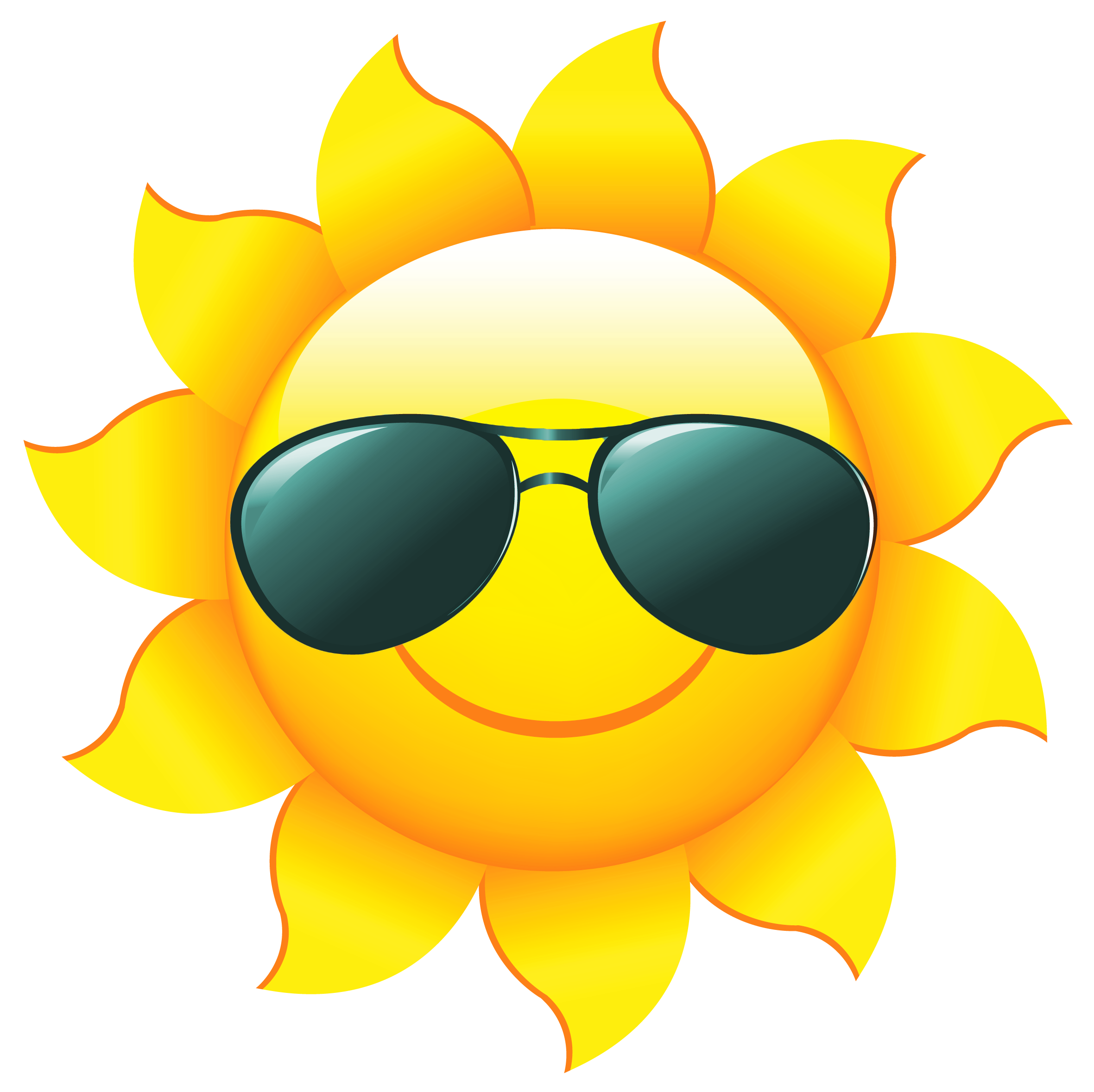 Cheerful yellow sun with sunglasses and a smile, radiating warmth and summer vibes.