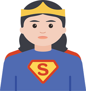 Female superhero with yellow crown, blue suit, red cape, and 'S' shield emblem.