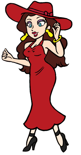 Stylish cartoon woman in red dress and wide-brimmed hat, posing confidently with yellow earrings and black heels.