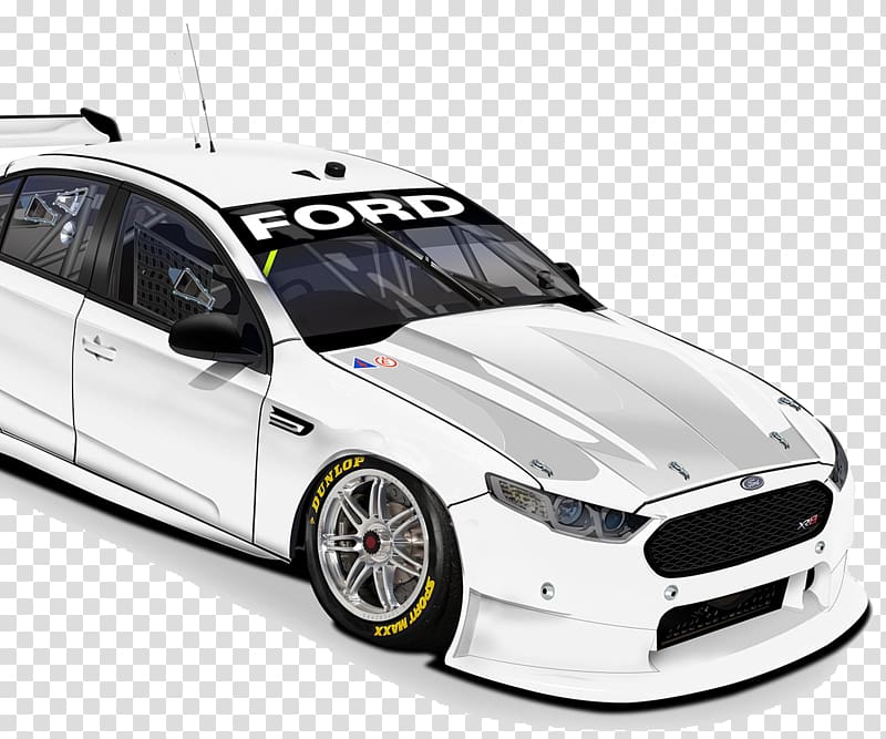 White Ford racing sedan with "FORD" decal, Dunlop tires, and aerodynamic body kit on transparent background.