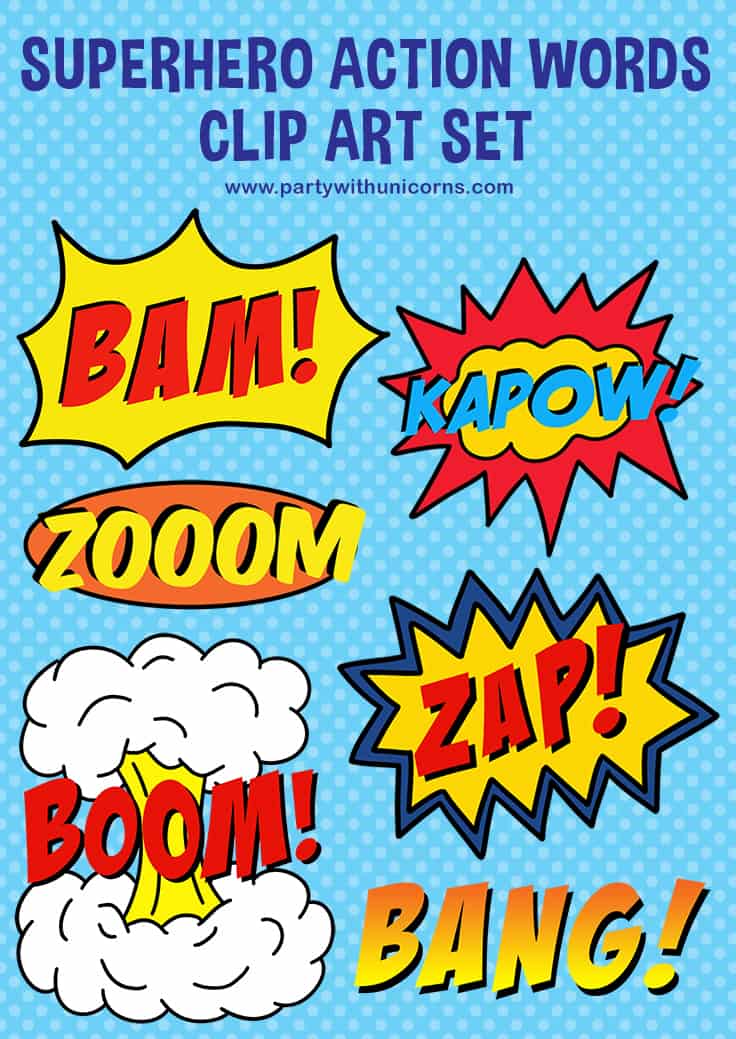 Superhero action words clip art set with BAM!, KAPOW!, ZOOM, BOOM!, ZAP!, and BANG! in comic-style speech bubbles on blue polka-dot background.