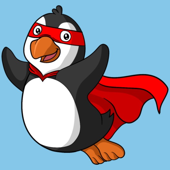 Superhero penguin with red mask and cape flying joyfully against blue background.
