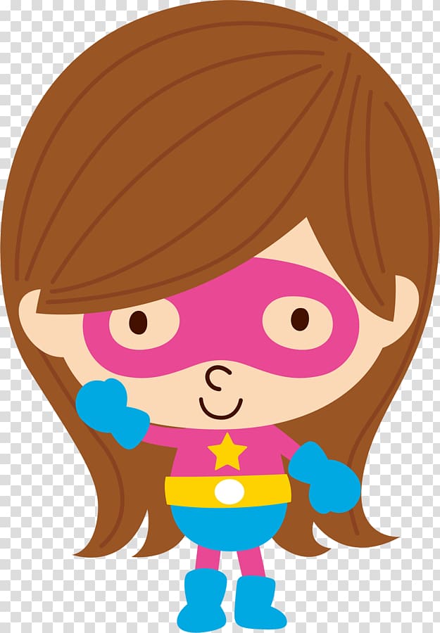 Cute cartoon girl superhero with pink mask, star emblem, and blue gloves.