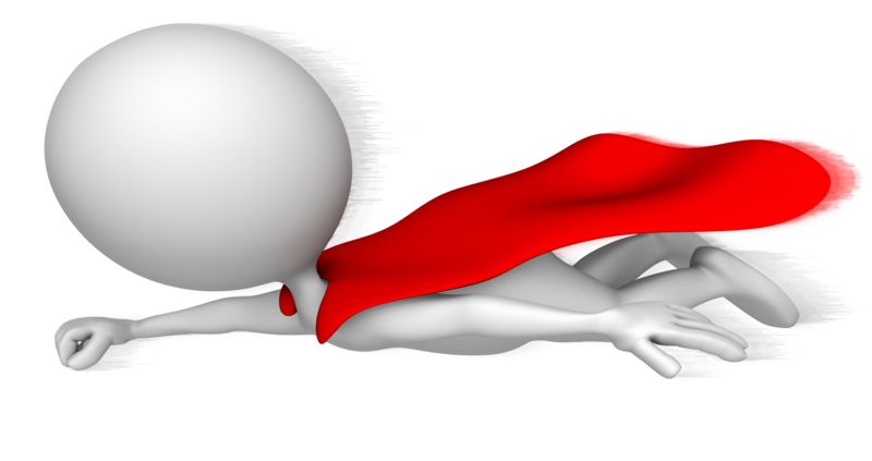 3D white humanoid figure with red cape flying forward in dynamic motion.