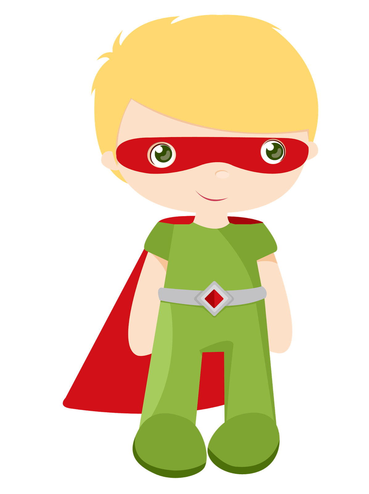 Cartoon boy superhero with blond hair, red mask, green suit, and red cape smiling confidently.
