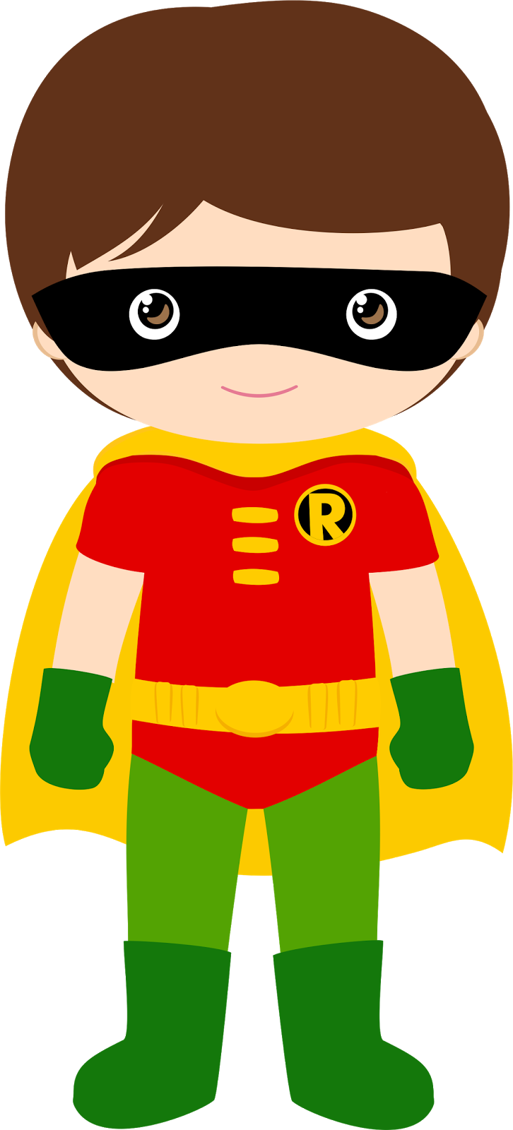 Cute cartoon Robin superhero in red, green, and yellow costume with black mask and cape.