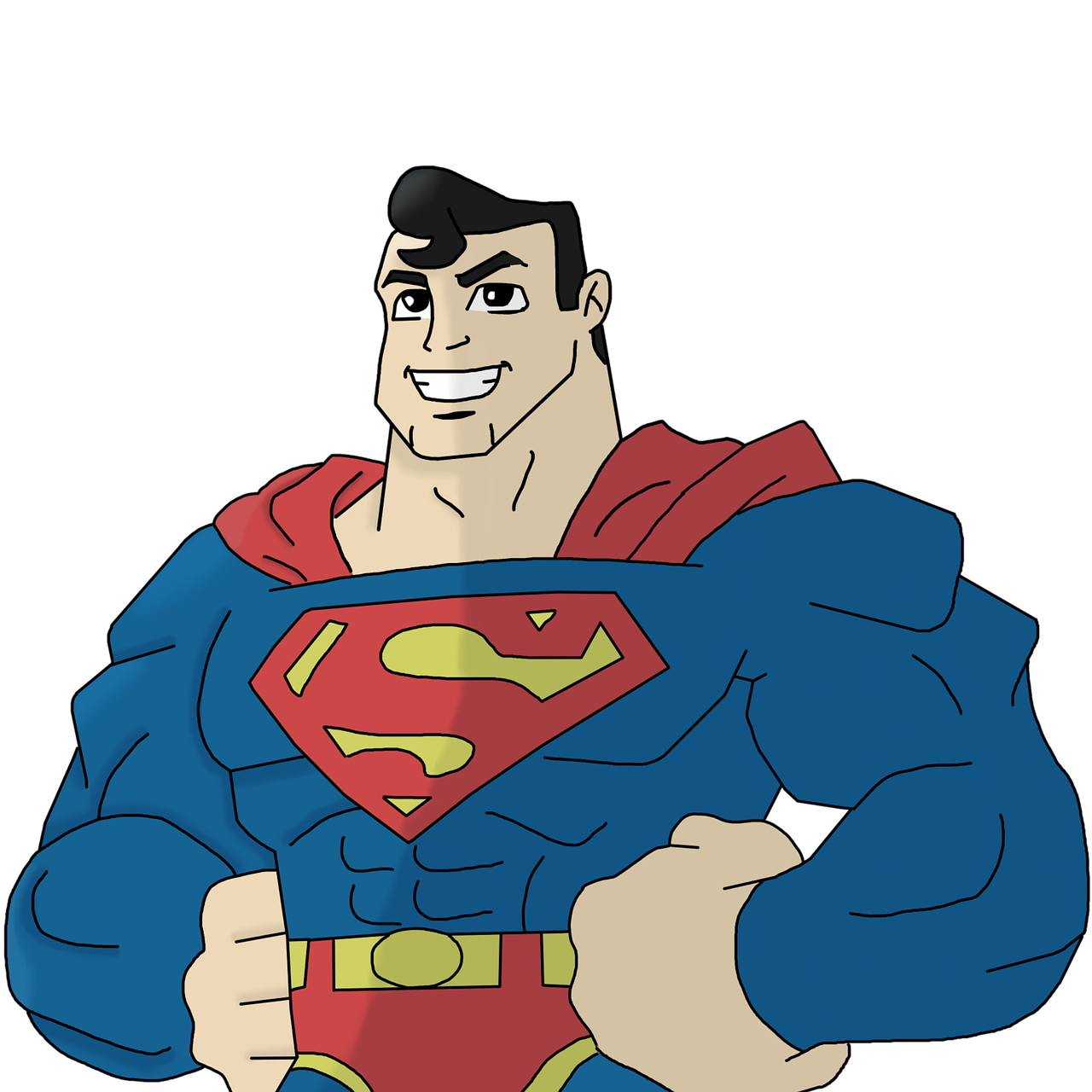 Cartoon-style Superman flexing with iconic blue suit, red cape, and yellow 'S' shield on chest.