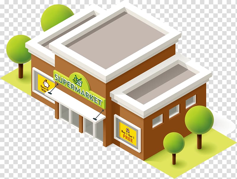 Isometric illustration of a brown supermarket building with green trees, signage for "Supermarket", "Save More With...", and "Buy 1 Get 1 FREE".
