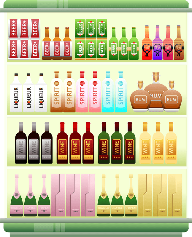 Illustrated liquor shelf with beer, liqueur, spirit, rum, wine, and champagne bottles organized by type and color.