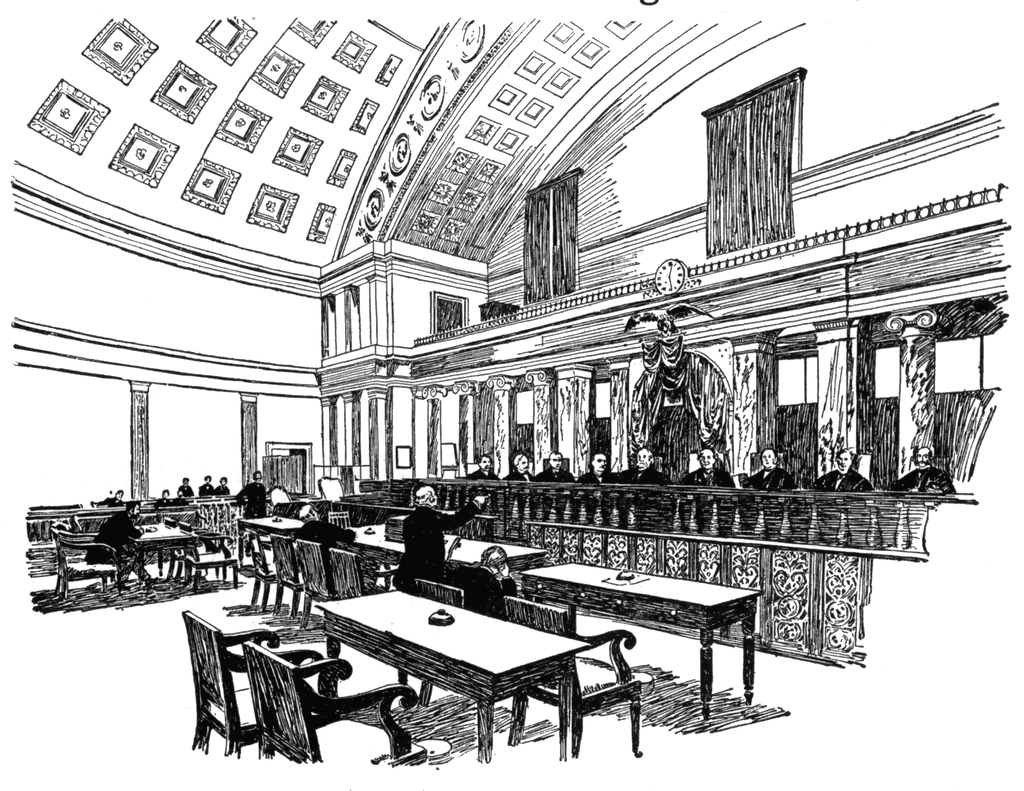Historic courtroom illustration with ornate ceiling, judge’s bench, lawyers, and jury in a grand judicial chamber.