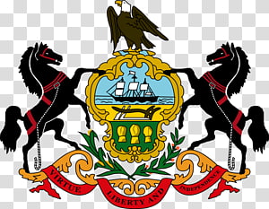 Pennsylvania state coat of arms featuring an eagle, two horses, a ship, and the motto "Virtue, Liberty, and Independence"