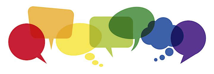 Colorful overlapping speech bubbles in red, orange, yellow, green, blue, and purple, symbolizing diverse communication and dialogue.