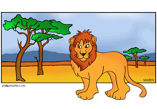 A cartoon lion with a full mane stands in an African savanna with acacia trees and distant hills.