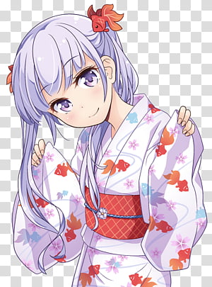 Anime girl with lavender hair and floral kimono, smiling gently with goldfish motifs and red hair accessory.