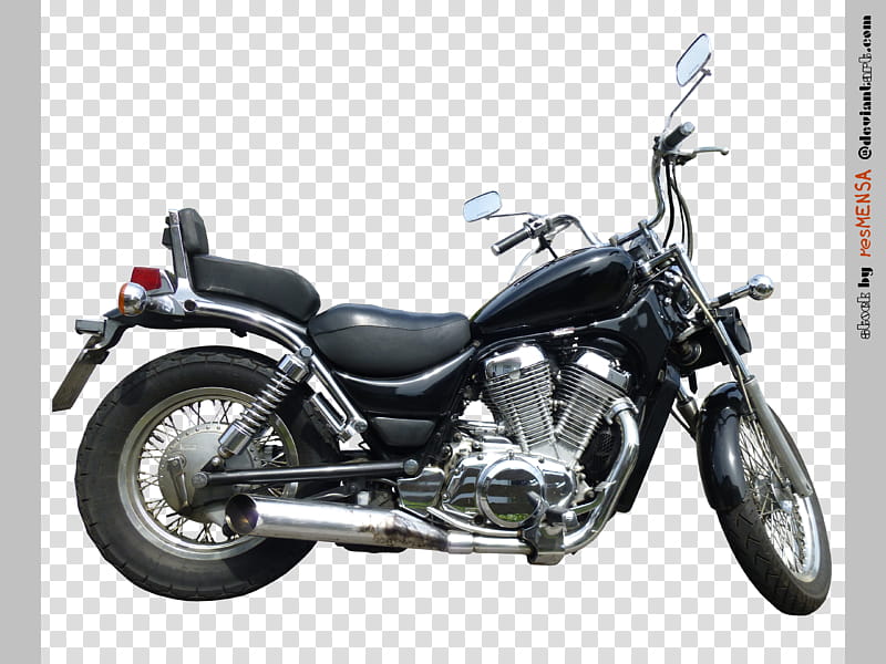 Black cruiser-style motorcycle with chrome engine, dual mirrors, and spoked wheels on transparent background.