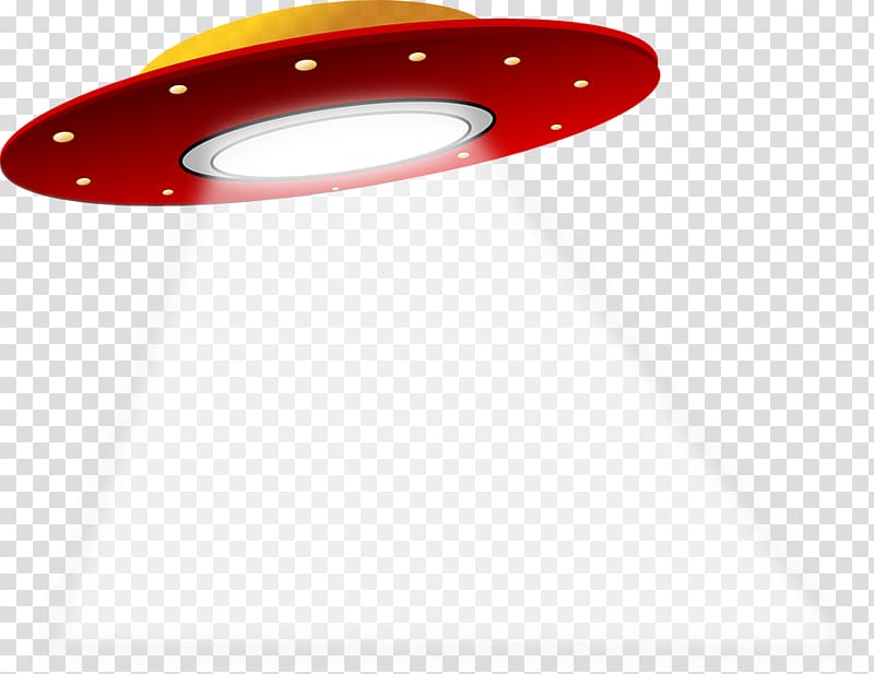 Red flying saucer UFO with yellow dome, white light beam, and gold rivets on transparent background.