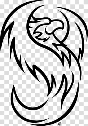 Stylized black-and-white phoenix with flowing feathers and tribal-inspired linework, symbolizing rebirth and strength.