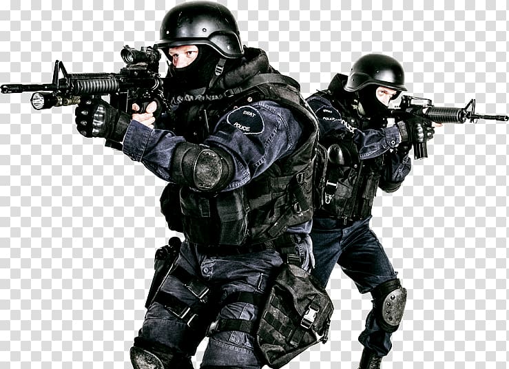 Two tactical police officers in full gear aiming assault rifles, ready for high-risk operation.