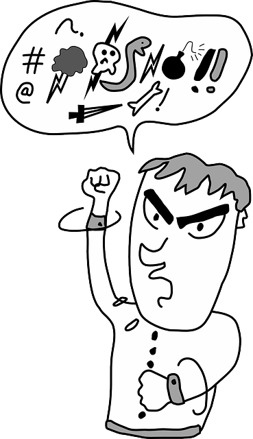 Angry cartoon man raising fist with chaotic thought bubble of symbols, skull, bomb, lightning, and exclamation marks.