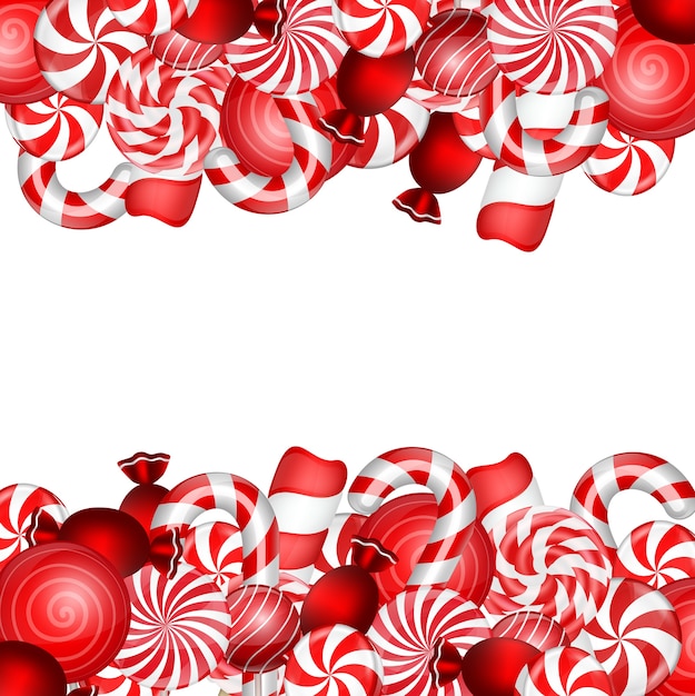 Festive red and white candy border with swirl lollipops, striped candies, and glossy sweets on white background.