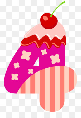 Stylized number 4 designed as a pink cake with cherry, frosting, stars, and striped base.
