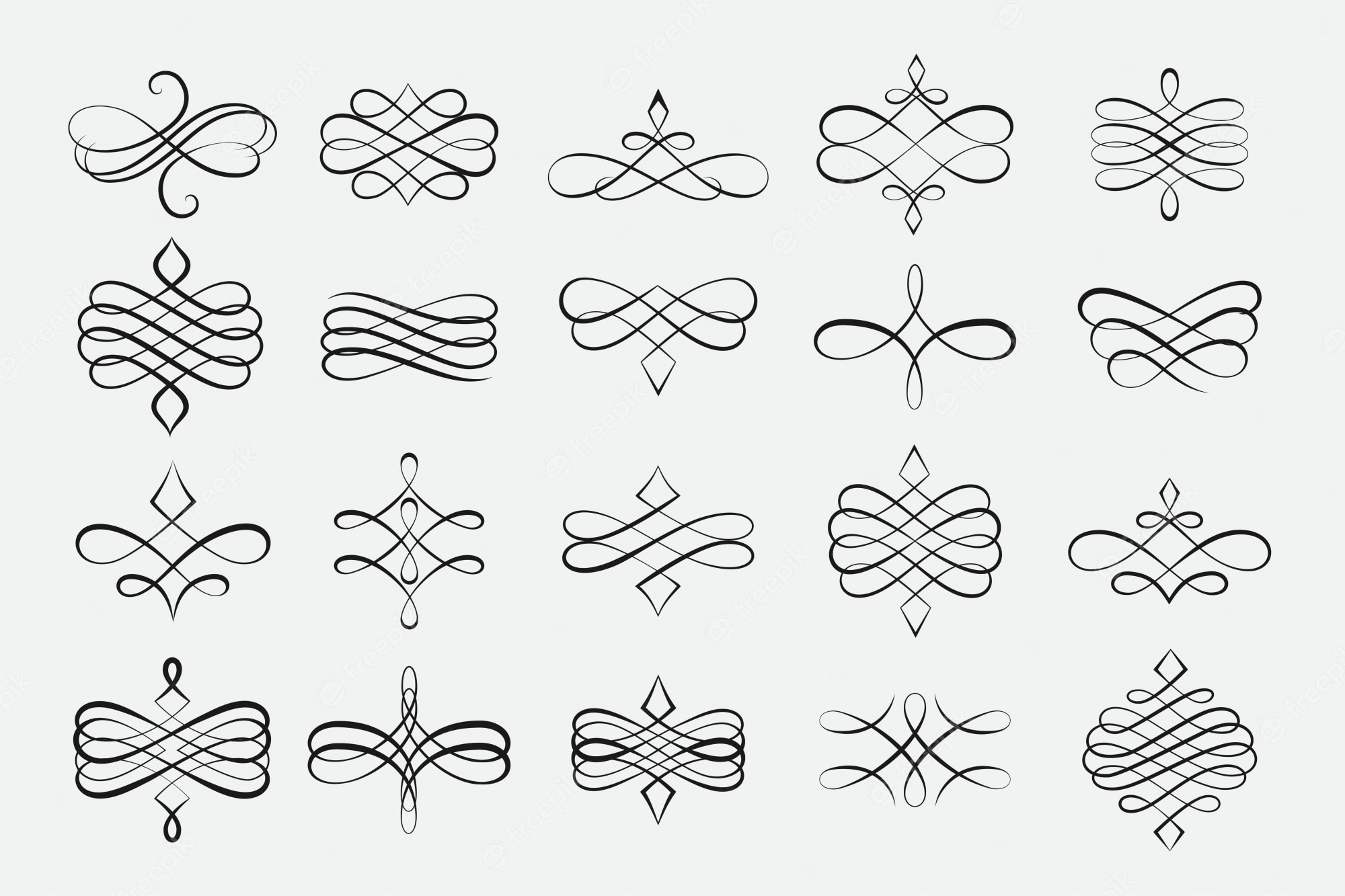 Collection of 20 elegant black-and-white calligraphic flourishes and decorative dividers for design use.