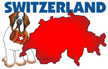 Saint Bernard dog with rescue barrel beside a red map of Switzerland, logo for Martin brand.
