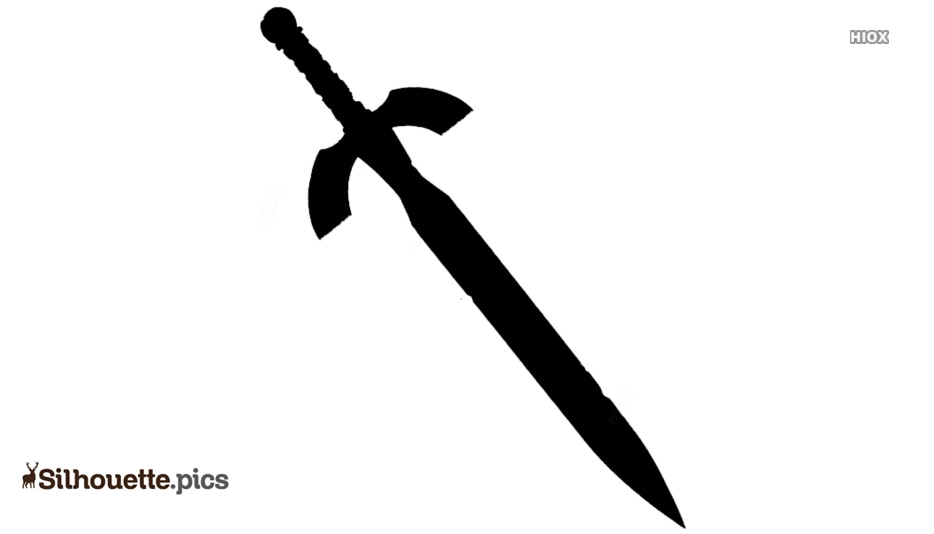 Black silhouette of a medieval-style sword with crossguard and pommel on white background.