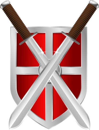 Silver shield with red field and two crossed medieval swords, symbolizing chivalry and defense.