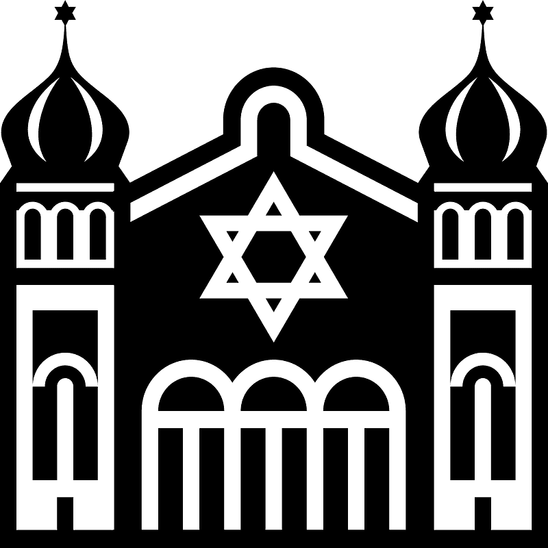Stylized synagogue with onion domes, Star of David, and arched architecture in teal and black.