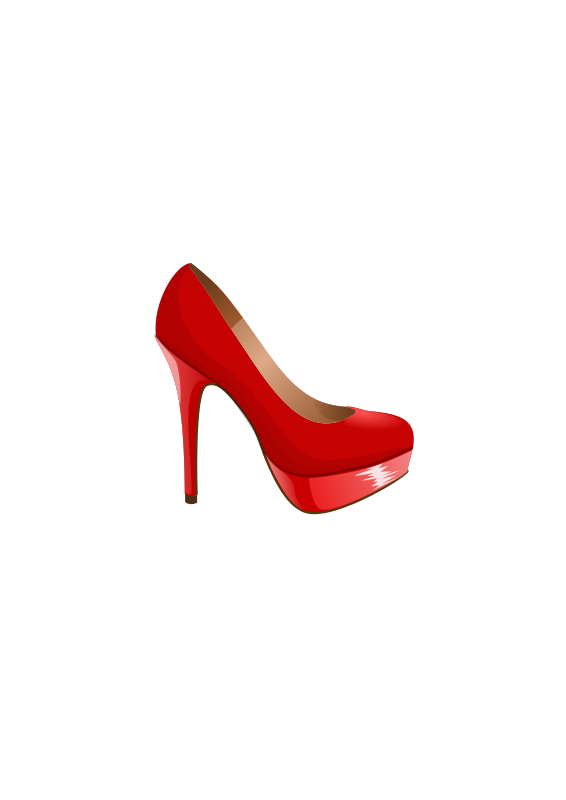 Glossy red platform high-heeled shoe with stiletto heel and beige insole, isolated on transparent background.