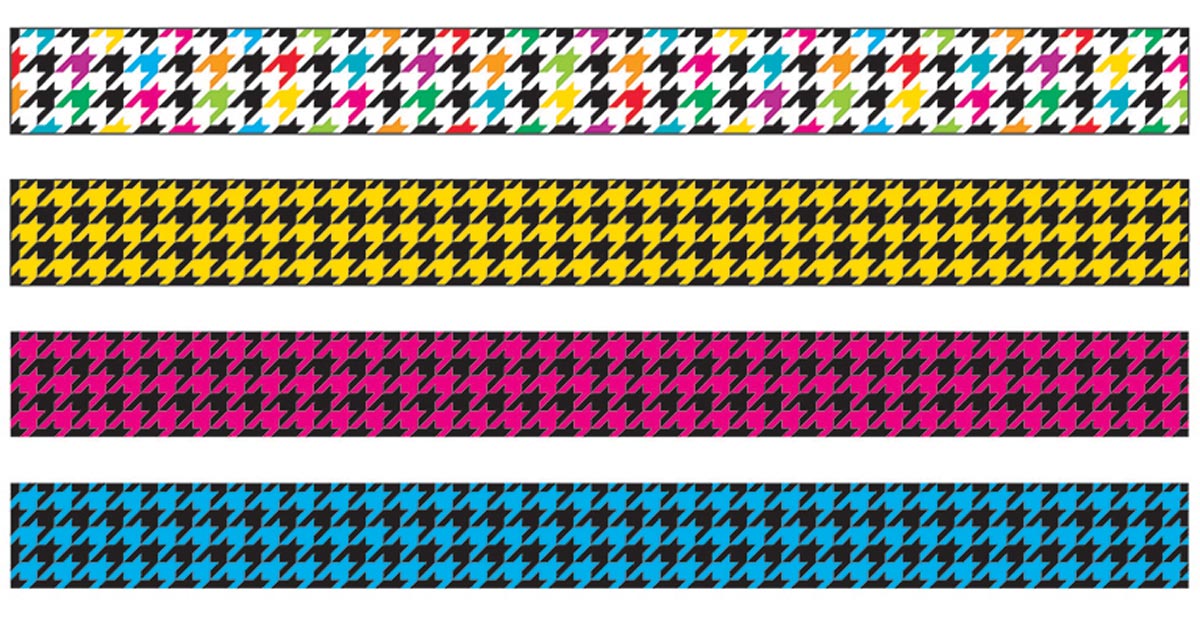 Four vibrant houndstooth pattern strips in multicolor, yellow/black, pink/black, and blue/black on white background.