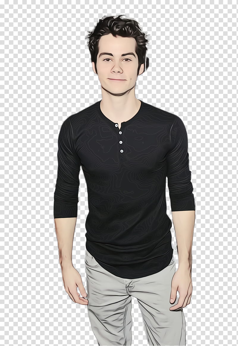 Young man with dark curly hair wearing a black henley shirt and light gray pants, standing against transparent background.
