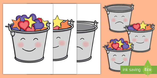 Smiling and frowning buckets filled with colorful hearts and stars, illustrating emotional states for educational or therapeutic use.