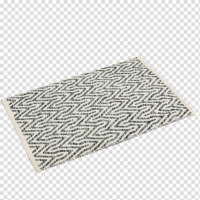 Black and white geometric zigzag-patterned flatweave rug on transparent background.
