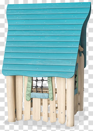 A charming wooden children's playhouse with a bright turquoise slatted roof and log-style walls, featuring a small window with netting.