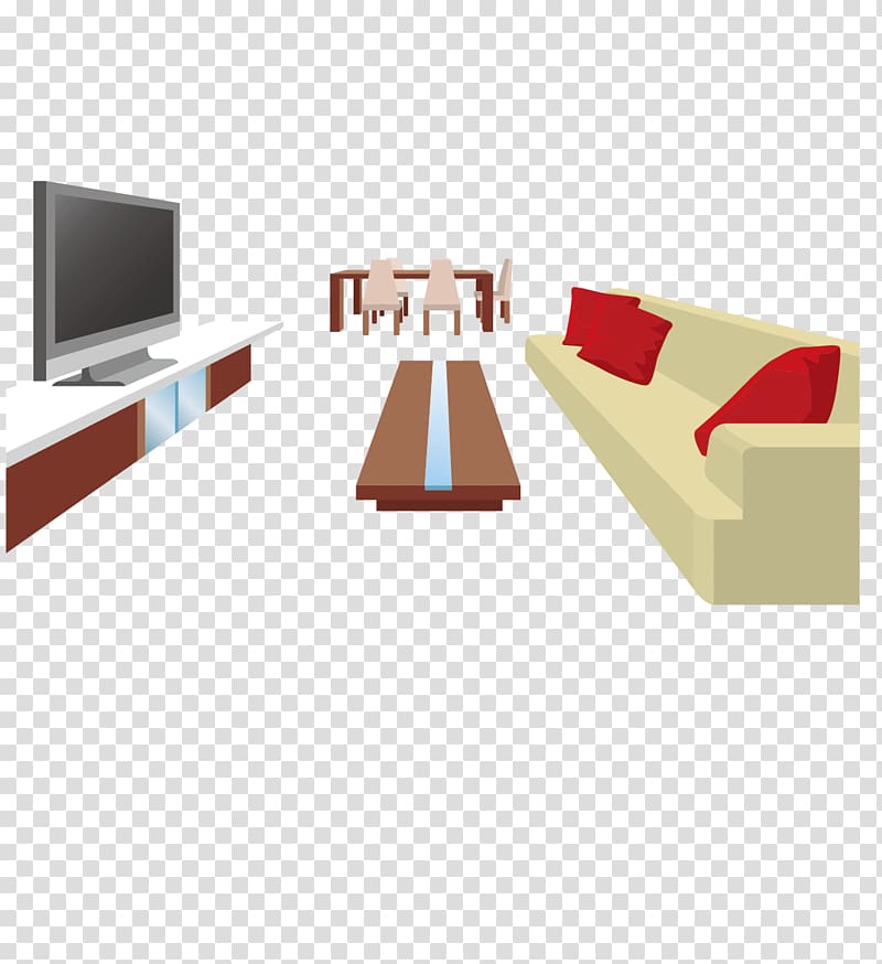 Modern living room with beige sofa, red cushions, flat-screen TV on media console, wooden coffee table, and dining set in background.
