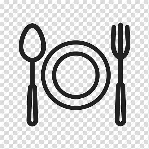 Black line icon of a spoon, plate, and fork on transparent background, representing dining or cutlery.