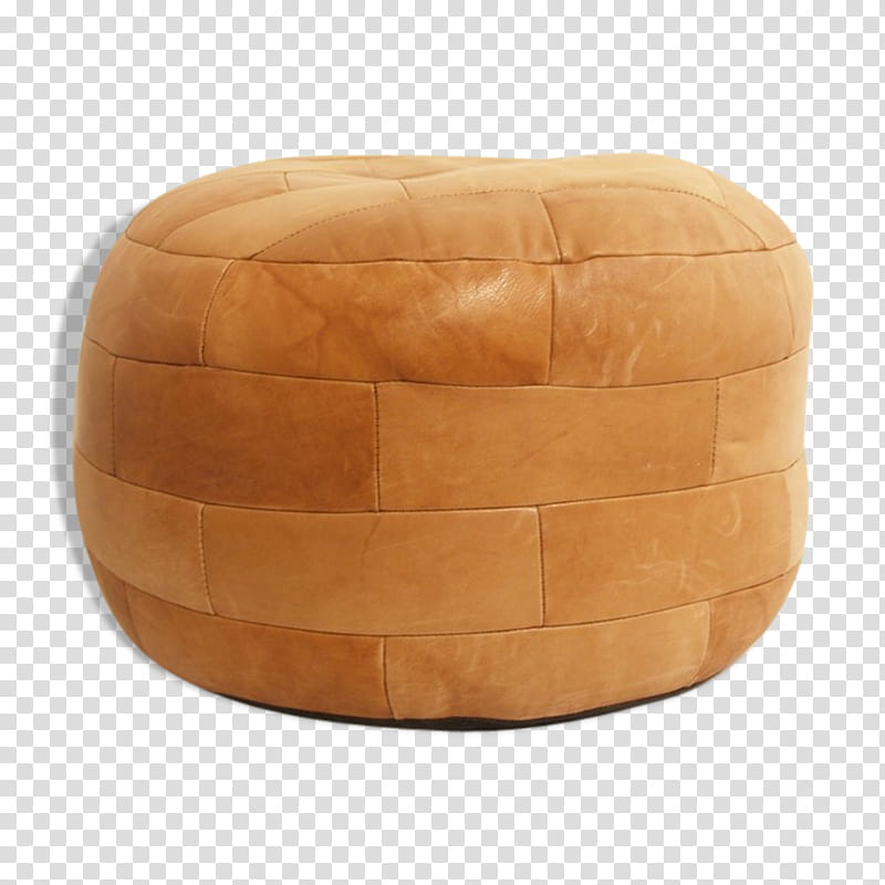 Tan leather ottoman with quilted top and horizontal stitching, round and plush design on transparent background.