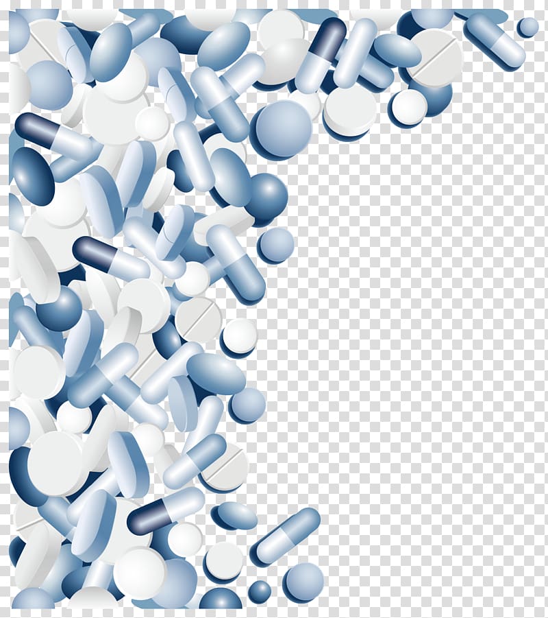 Blue and white pills and capsules scattered in a corner pattern on transparent background.