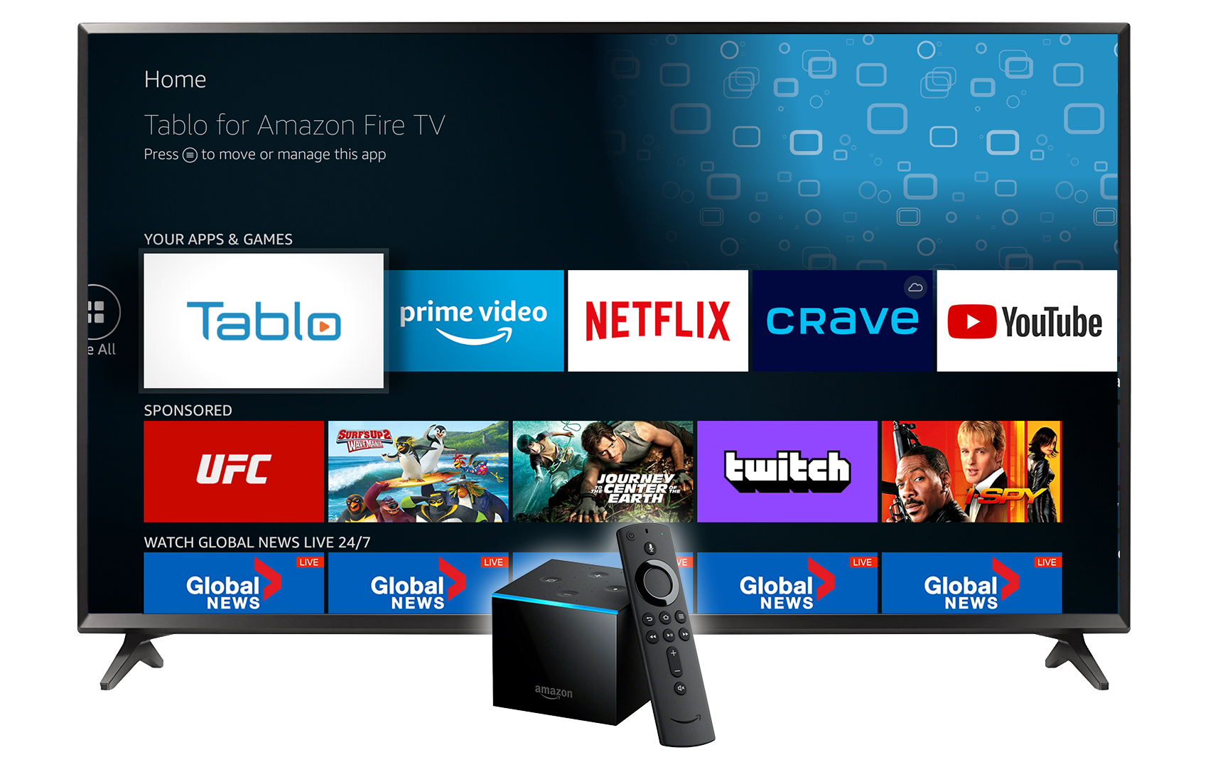 Amazon Fire TV home screen displaying Tablo app, streaming services, and live news tiles with remote and device in foreground.