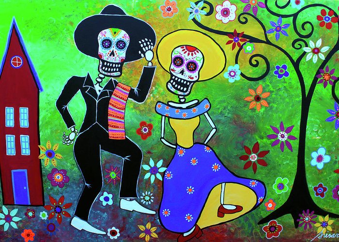 Day of the Dead Artwork - Colorful Skeleton Couple Dancing in Floral Garden