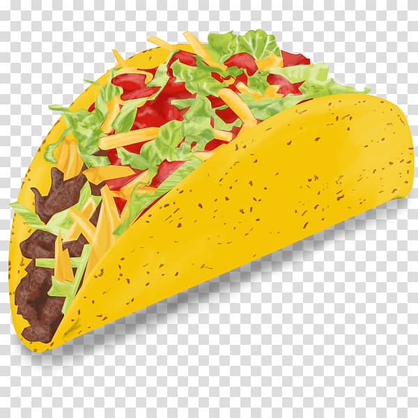 A vibrant hard-shell taco filled with seasoned ground beef, shredded lettuce, diced tomatoes, and cheddar cheese on a transparent background.