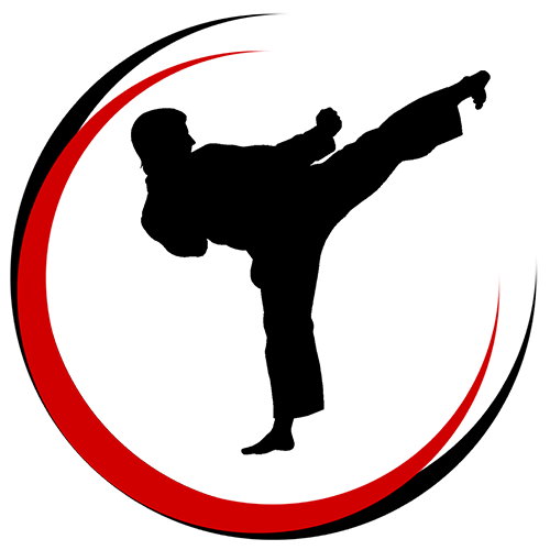 Silhouette of a martial artist performing a high kick within a red and black circular motion design on green background.