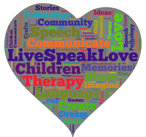 Heart-shaped word cloud with terms like LiveSpeakLove, Therapy, Children, Communication, and Language in vibrant colors.