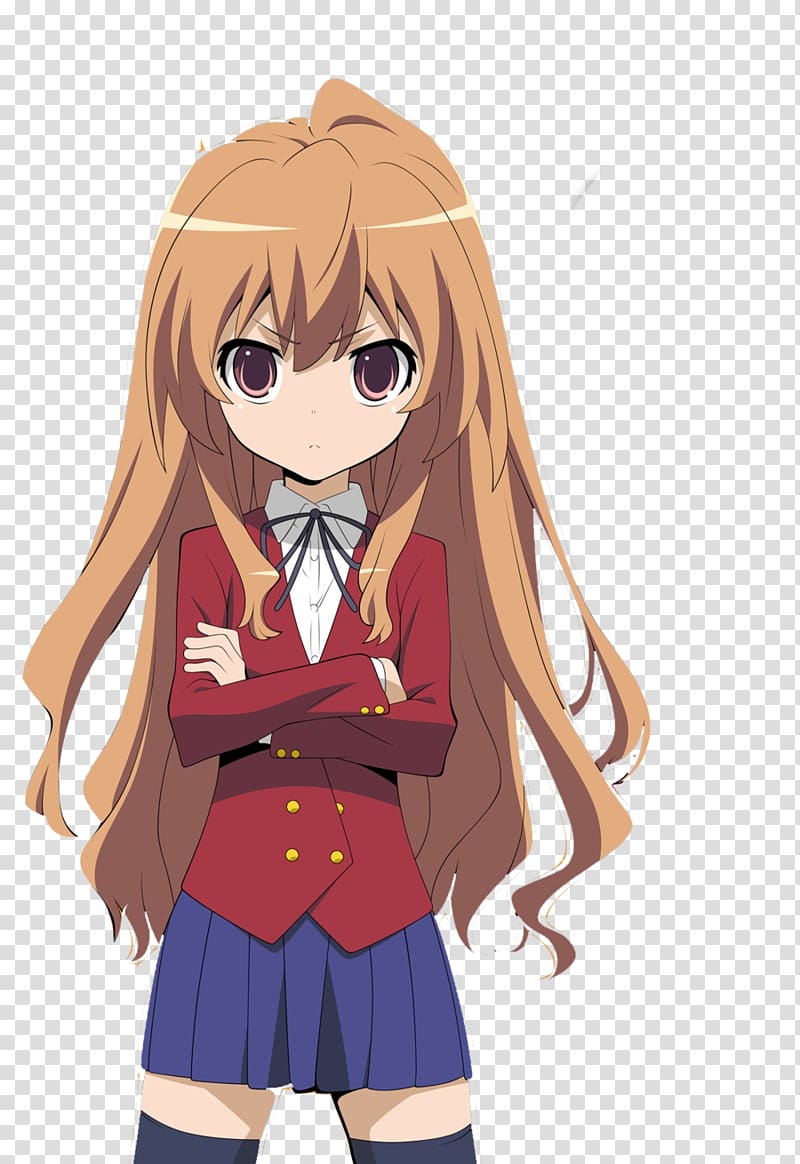 Anime girl with long blonde hair, red blazer, blue pleated skirt, arms crossed, serious expression.