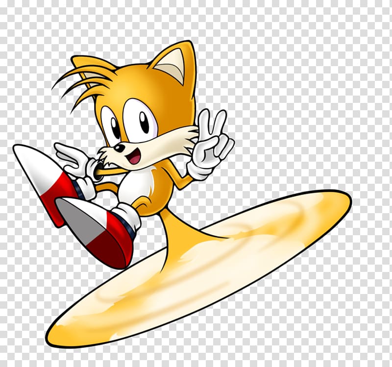 Tails the fox surfing on a golden board, making a peace sign with a joyful expression.